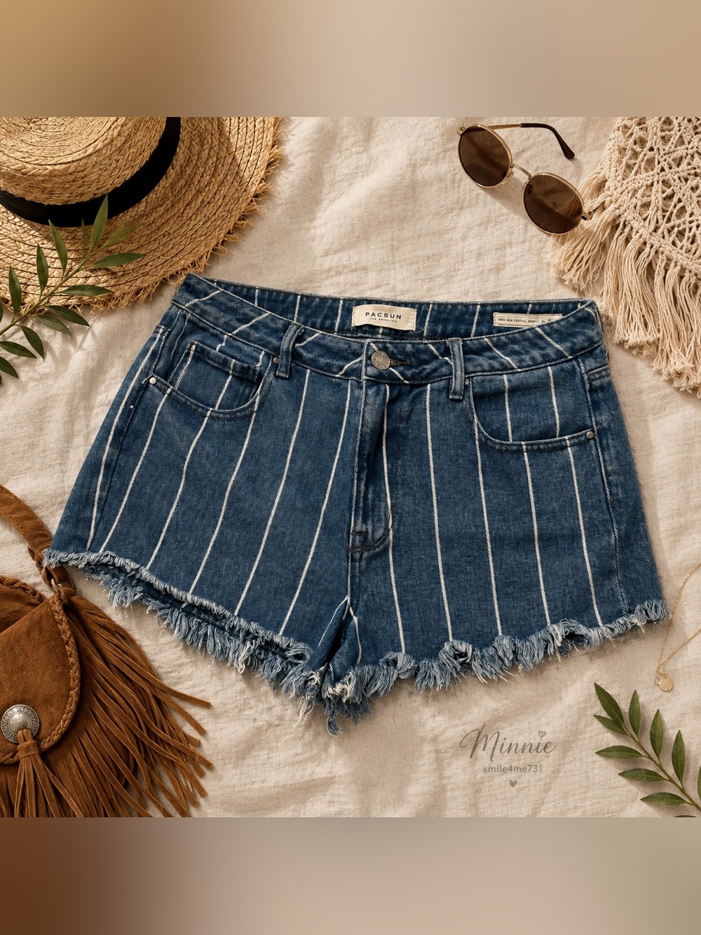 PacSun High Rise Festival Shorts Striped Denim Frayed Hem Size 29